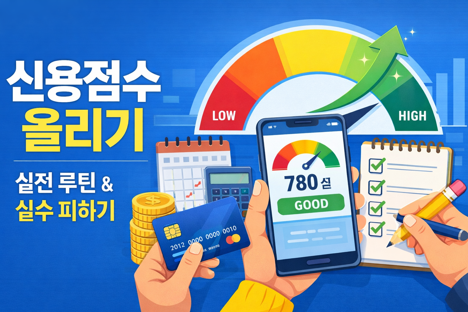 신용점수 올리는 방법을 설명한 썸네일 이미지 신용점수와 카드·체크리스트·상승 그래프 시각화