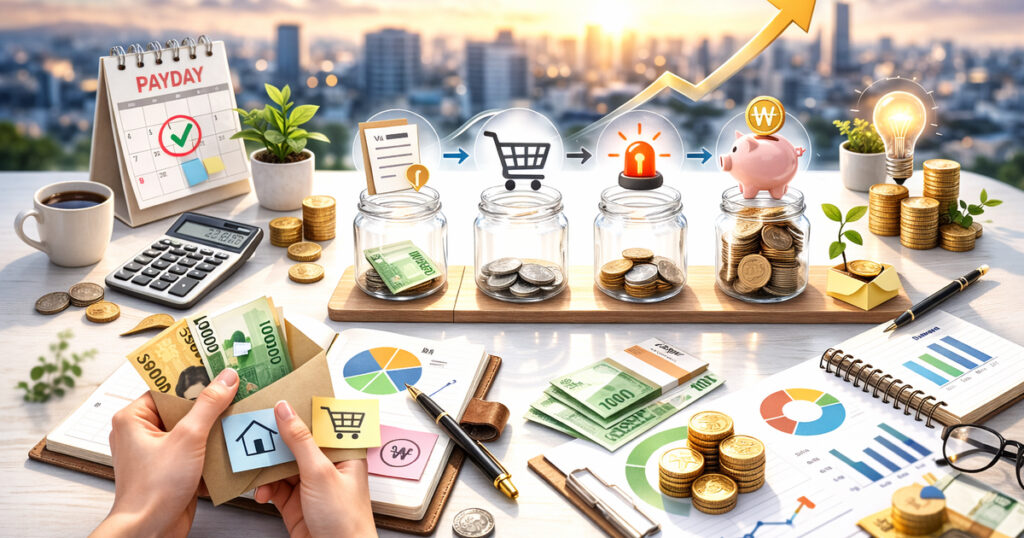 통장 쪼개기 방법과 지출이 줄어들어 돈이 모이는 과정을 나타내는 썸네일